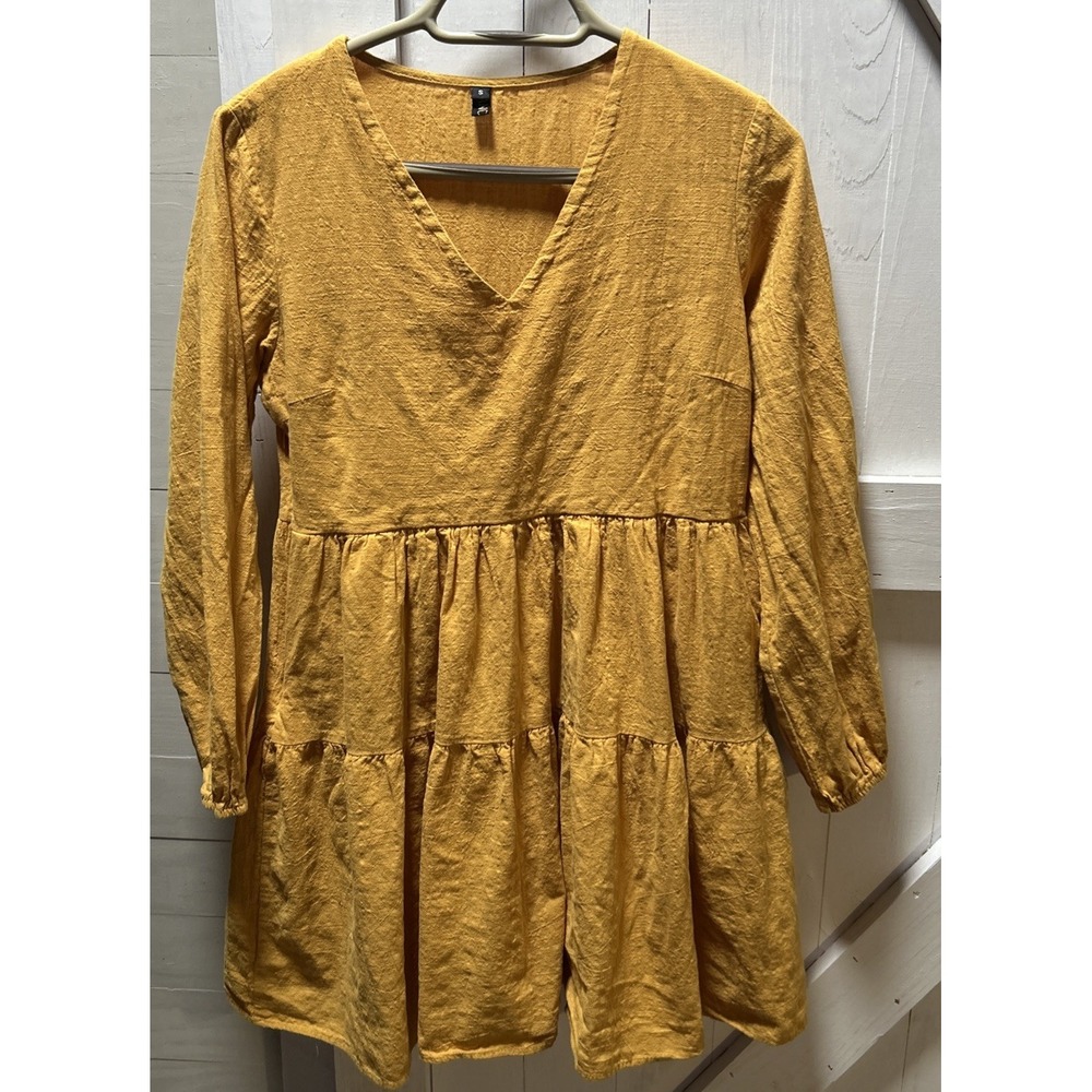 Fancyinn Women's Size S Mustard Tiered Mini Dress Long Sleeve
